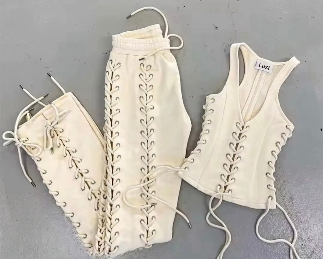 Cream Lace-Up Corset Top and Sweatpants Two-Piece Set